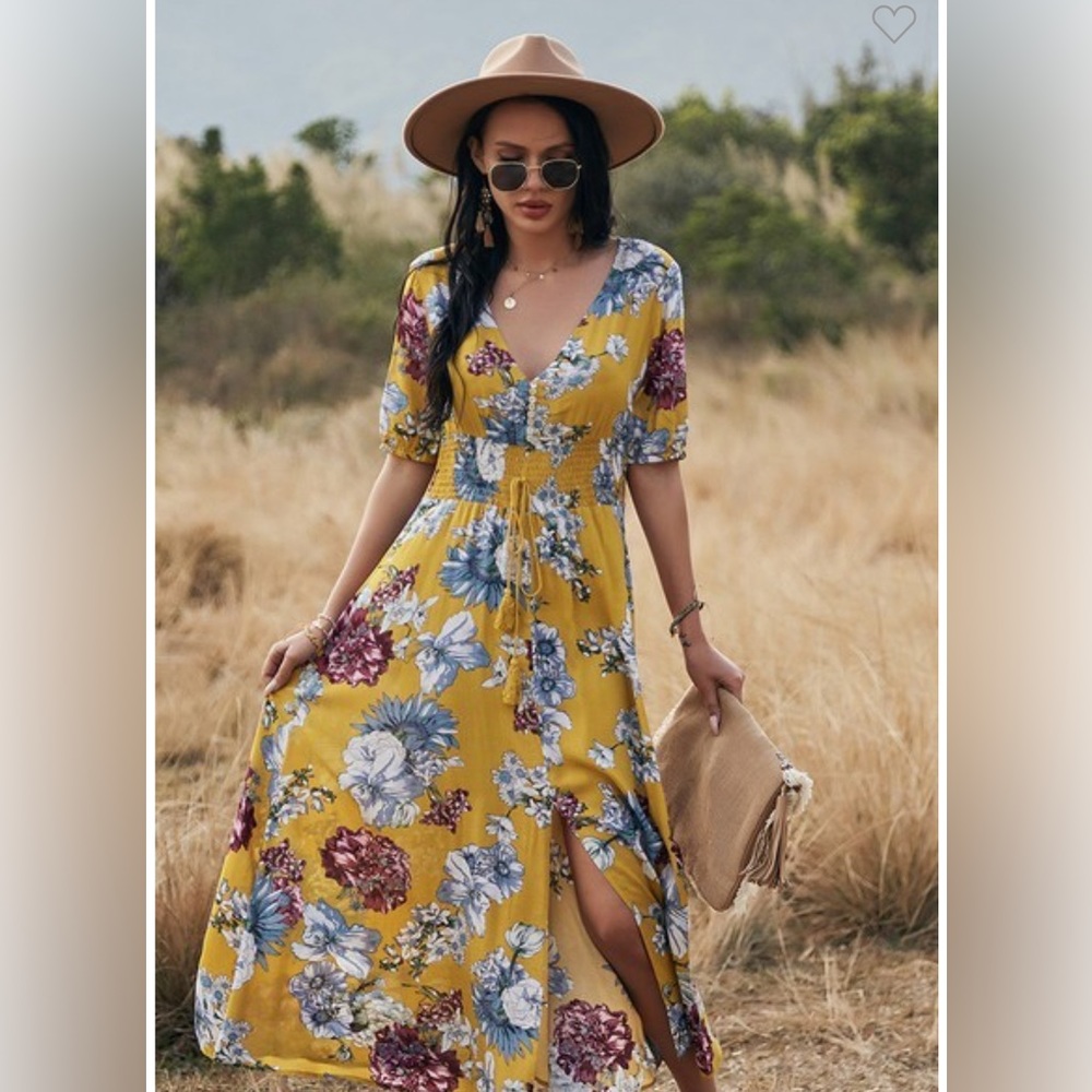 V-NECK FLORAL MIDI DRESS